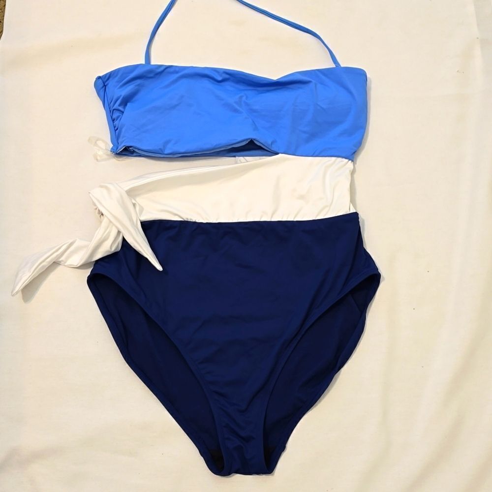 LAUREN Ralph Lauren color block cutout bandeau side tie blue white swimsuit 12